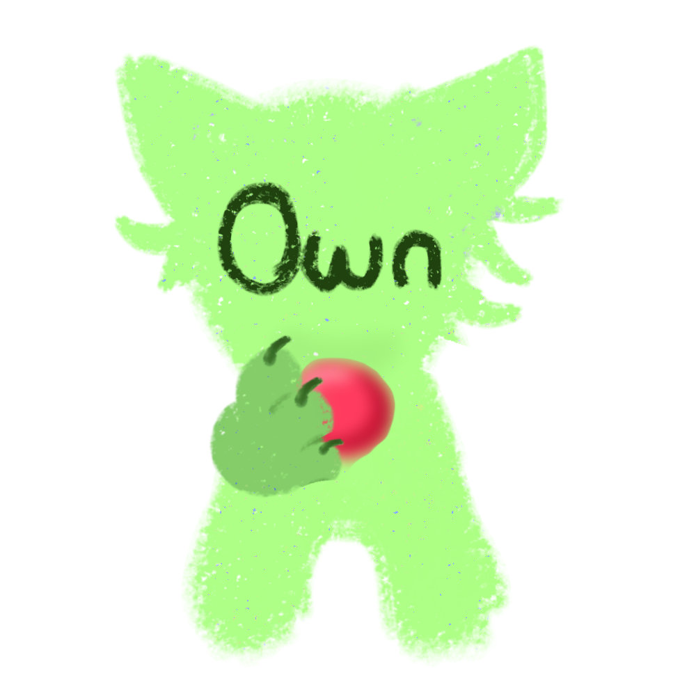 A simple, green, cartoon creature with the word 'Own' on its face. It has a childlike, crayon-drawn style with rounded edges. The creature is holding a red ball in its right paw.